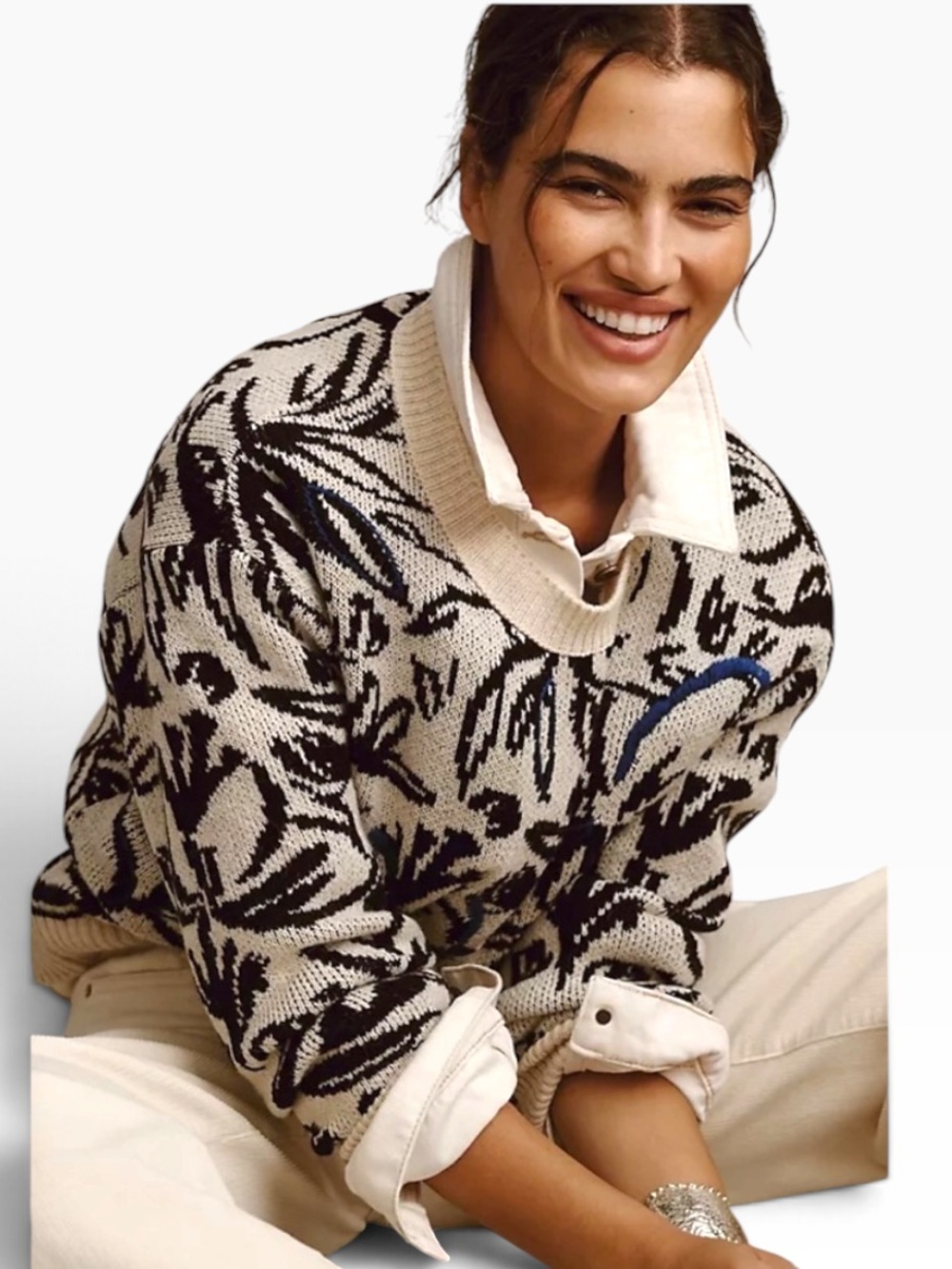 Anthropologie Floral Pop Embroidered Sweater 
Ivory Black Blue Size XS